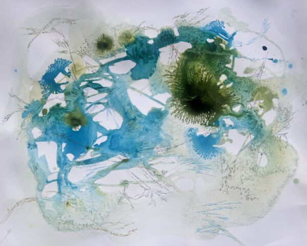frozen faper - falling crystals/ Tuschezeichnung, gefrorene Strukturen, Zeichnung, 50x60cm, 2026 tuschezeichnung