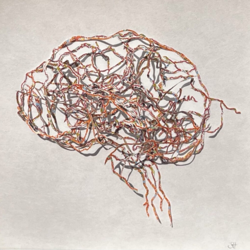 GEHIRN, Papierschnitt, rote Straßen, 30x30x4cm,2022 Papierschnitt