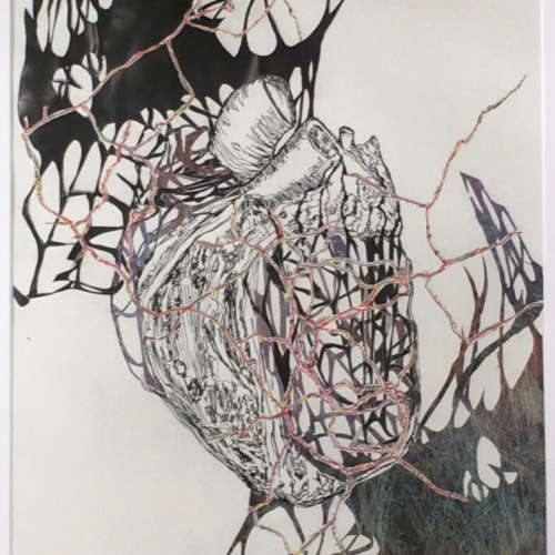 HERZ, Collage,Zeichnung,Papierschnitt, rote Straßen 30x40cm /2022 HERZ