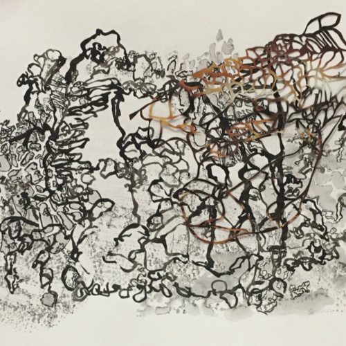 Verwoben, 59,9x42cm, Monotypie, Zeichnung, Tusche, Papierschnitt 2022