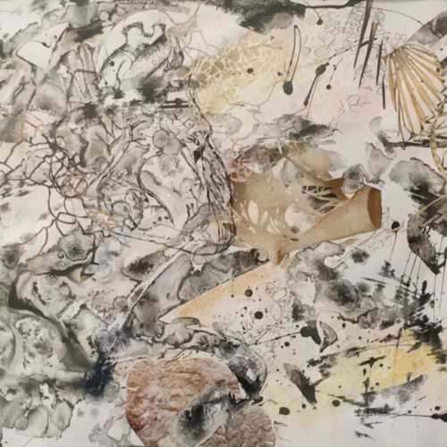 WEITES HERZ, 70x100cm Collage, Papierschnitt, rote Straßen, Monotypie, Aquarell, Zeichnung Mischtechnik